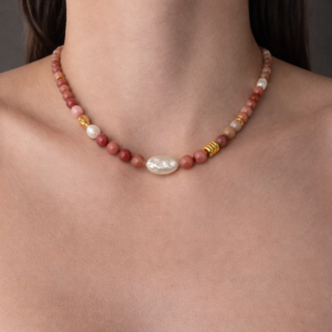 COLLAR PIEDRA RODONITA Y PERLA NATURAL
