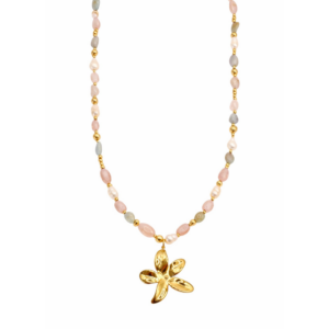 COLLAR FLOR DE PIEDRA MORGANITA Y PERLA NATURALES