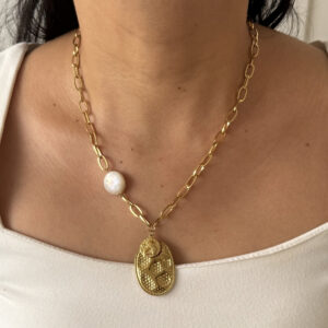 COLLAR ESLABONES ANGEL CON PERLA BARROCA